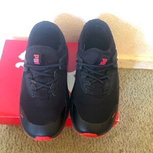 Red and black PUMA running sneakers for toddler boys